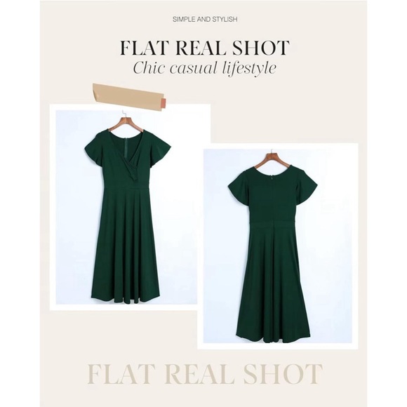 NWT Elegant Boutique Dark Green V-Neck Midi Dress Flutter Sleeves. Gorgeous XL - Picture 4 of 5